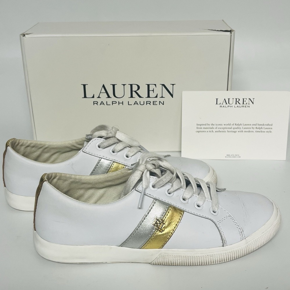 Lauren Ralph Lauren Janson II Women's Sneakers White Gold Silver‎ Cow Leather 8